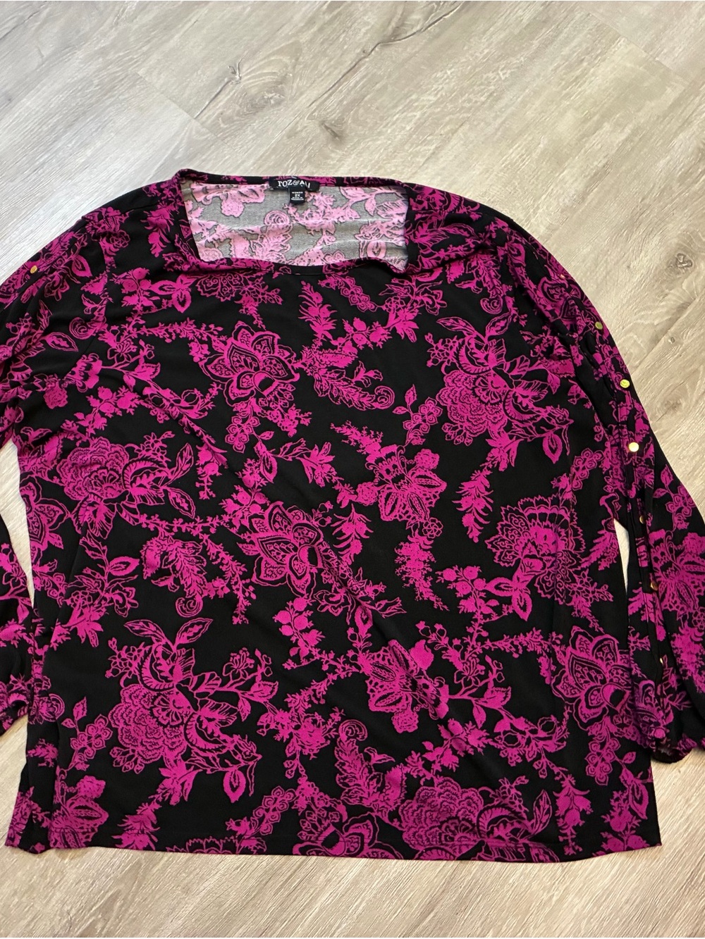 Roz & Ali Black and Fuchsia Floral Print Blouse